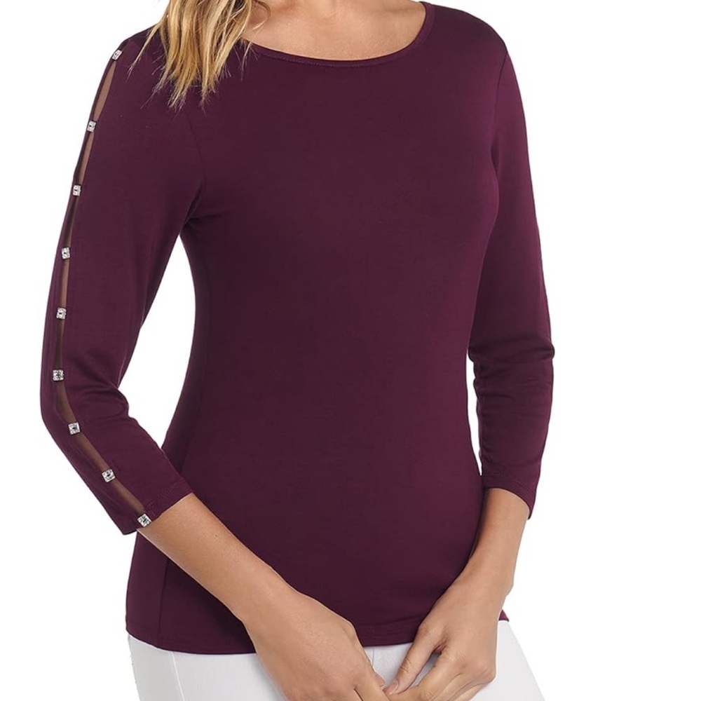 Cable & Gauge Womens 3/4 Sleeve Boat Neck Top with Rhinestone Open Sleeve Detail